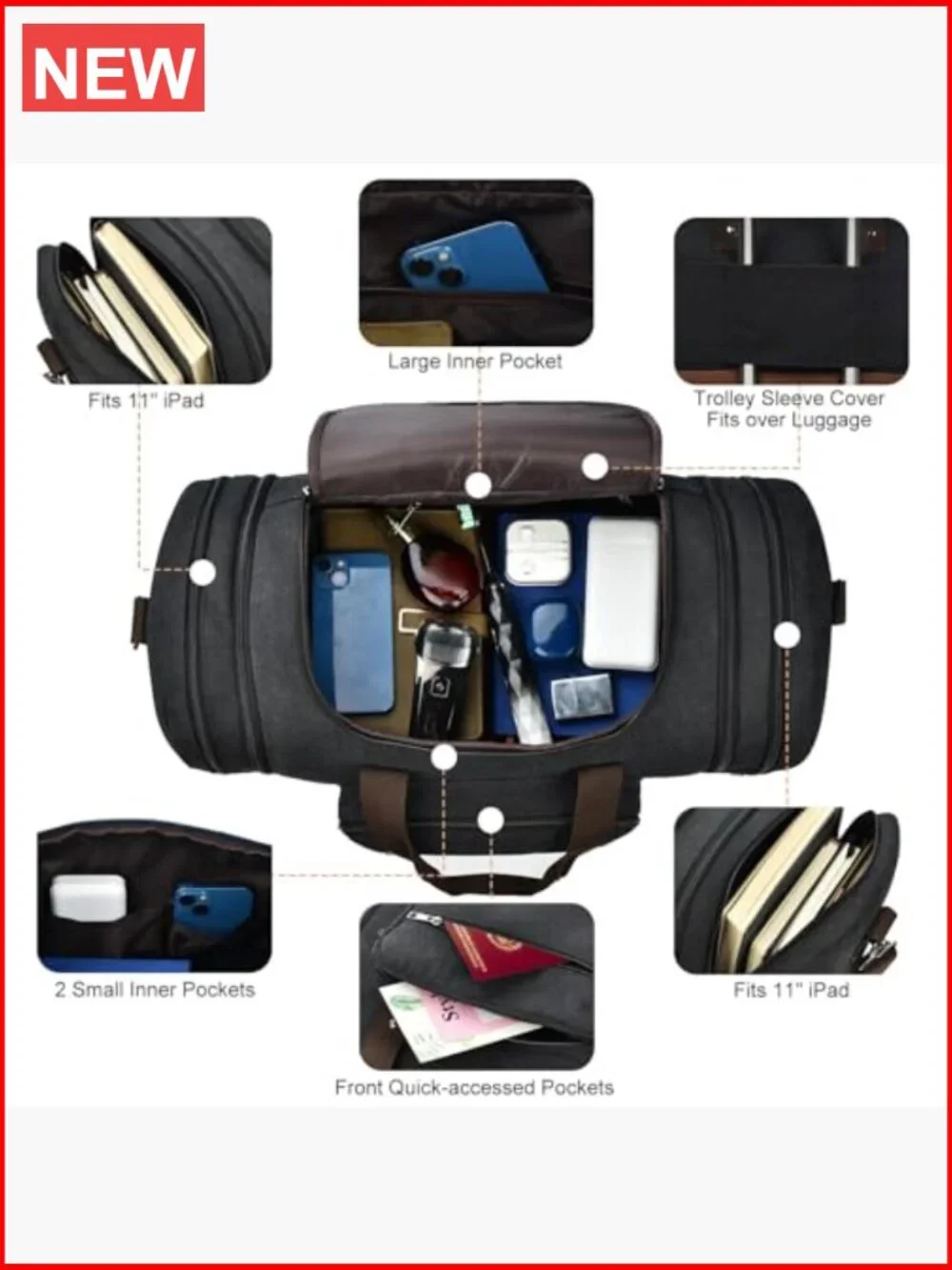 50L Expandable Canvas Travel Duffel Bag with Trolley Sleeve - Overnight Gym
